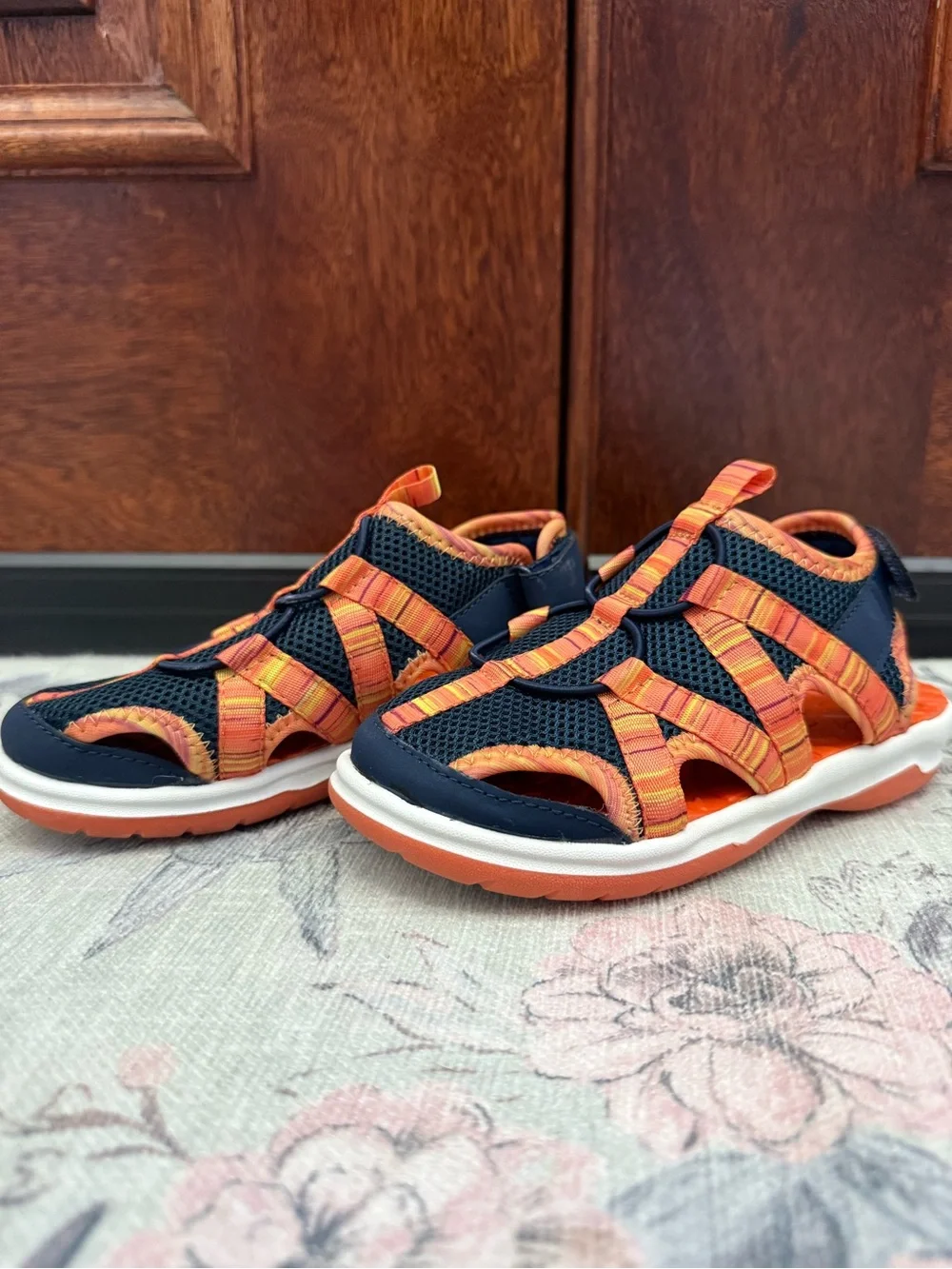 Lands' End Kids Navy Sandals with Bright Orange Straps